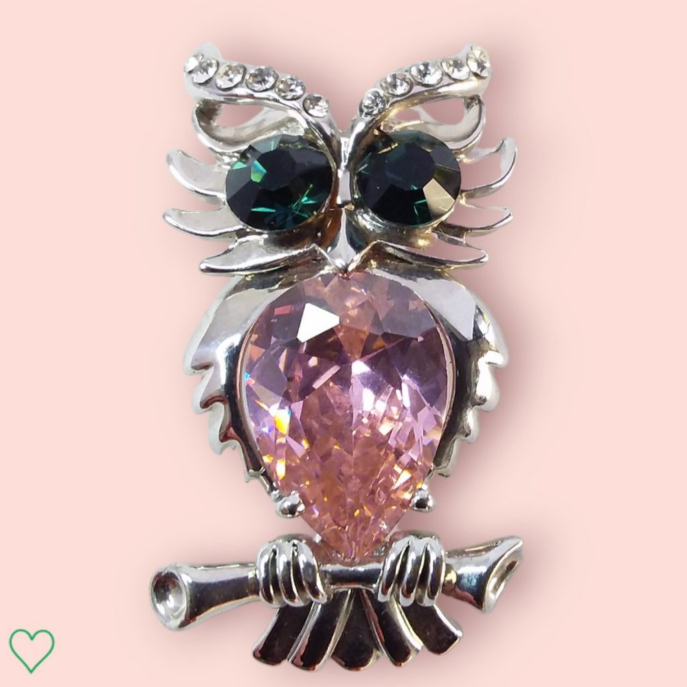 Owl Brooch Silver Tone Metal Green Eyes Pink Belly Rhinestones 1.75in Wisdom